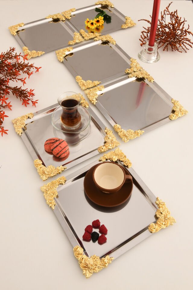 Alvio Paslanmaz Kare 4 Köşesi Sarı Çiçek Detaylı Sunum Tepsisi Gümüş 6 Lı Takım