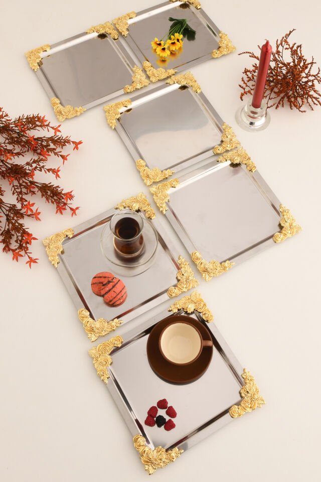 Alvio Paslanmaz Kare 4 Köşesi Sarı Çiçek Detaylı Sunum Tepsisi Gümüş 6 Lı Takım