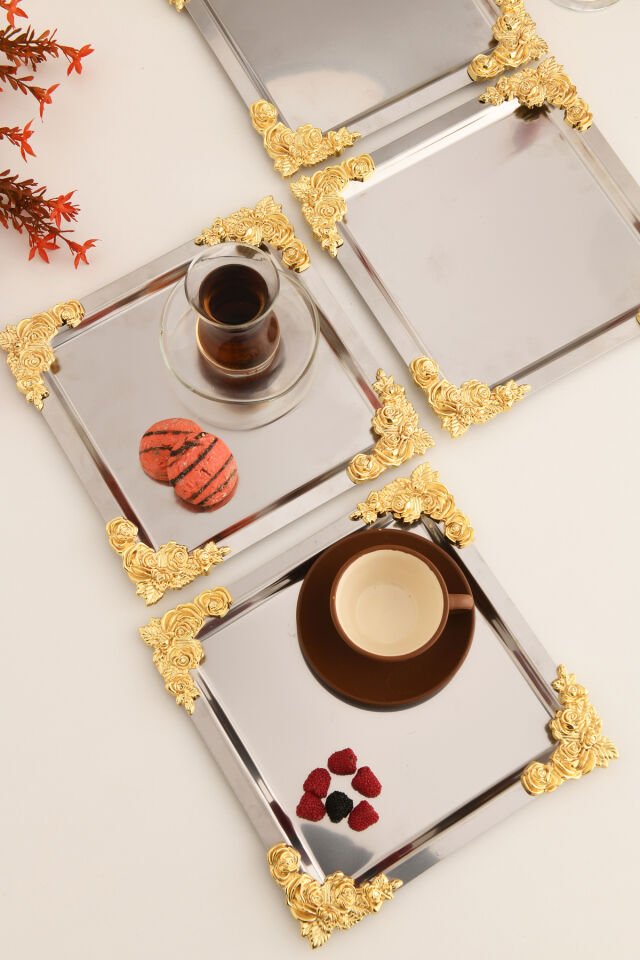 Alvio Paslanmaz Kare 4 Köşesi Sarı Çiçek Detaylı Sunum Tepsisi Gümüş 6 Lı Takım