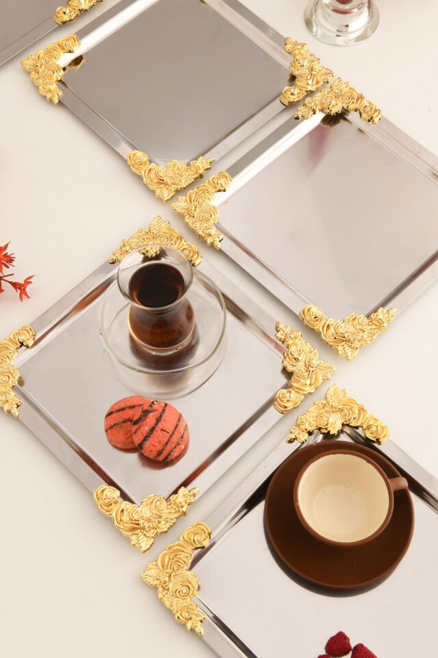 Alvio Paslanmaz Kare 4 Köşesi Sarı Çiçek Detaylı Sunum Tepsisi Gümüş 6 Lı Takım