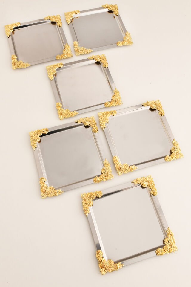 Alvio Paslanmaz Kare 4 Köşesi Sarı Çiçek Detaylı Sunum Tepsisi Gümüş 6 Lı Takım