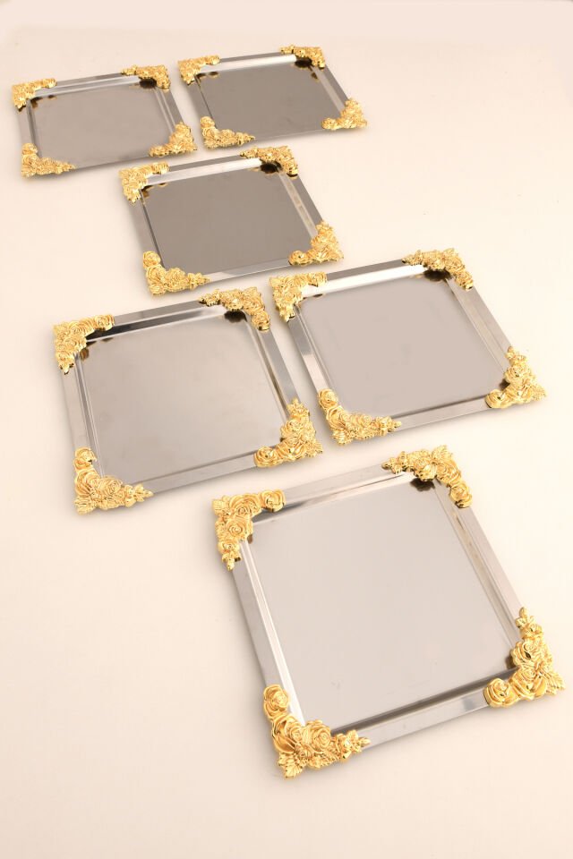 Alvio Paslanmaz Kare 4 Köşesi Sarı Çiçek Detaylı Sunum Tepsisi Gümüş 6 Lı Takım