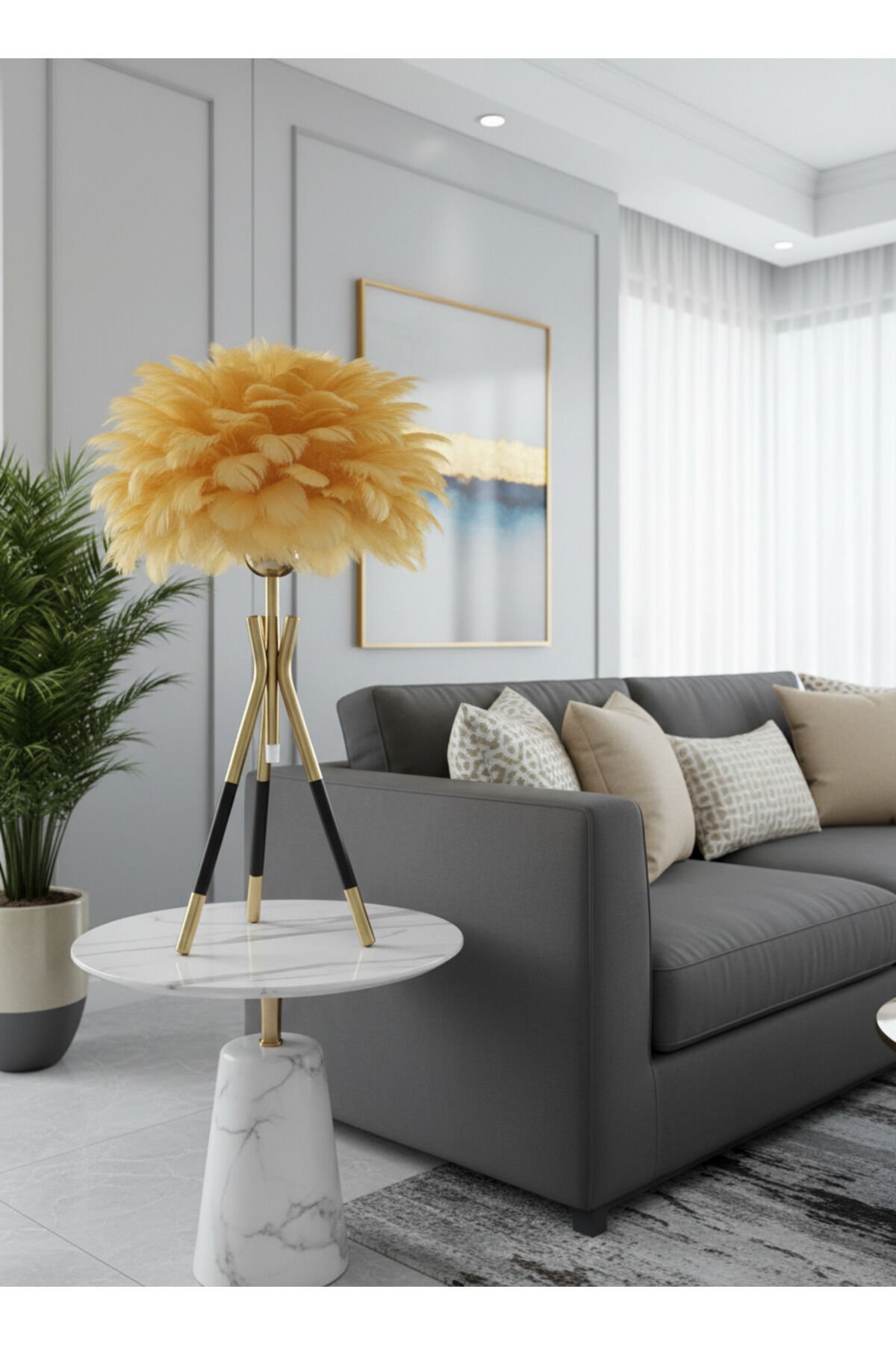 Lufina Eskitme Ayaklı Turuncu Tüylü Başlık Kablolu Modern Abajur Yatak Odası Salon Masa Lambası