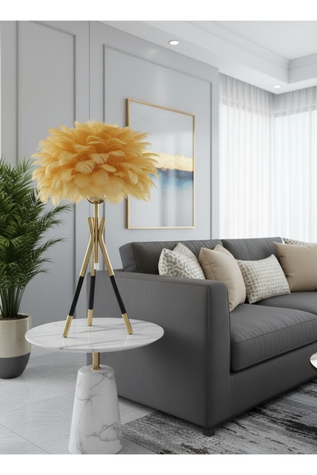 Lufina Eskitme Ayaklı Turuncu Tüylü Başlık Kablolu Modern Abajur Yatak Odası Salon Masa Lambası