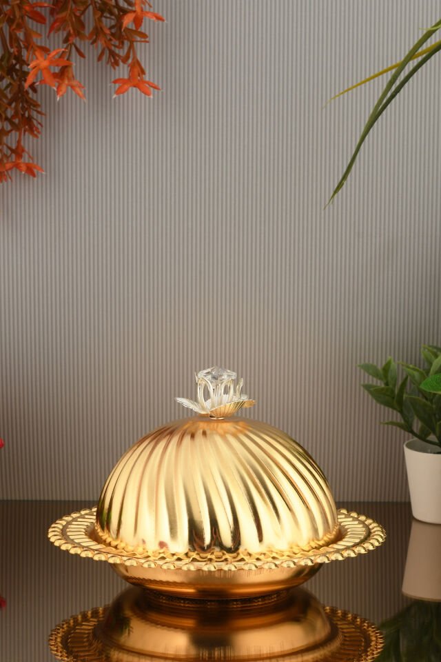 Asto Şekerlik Gold Kristal Detaylı Kapaklı Zarif Şık Sunum Tabağı Sofra Takımı İkram Misafir