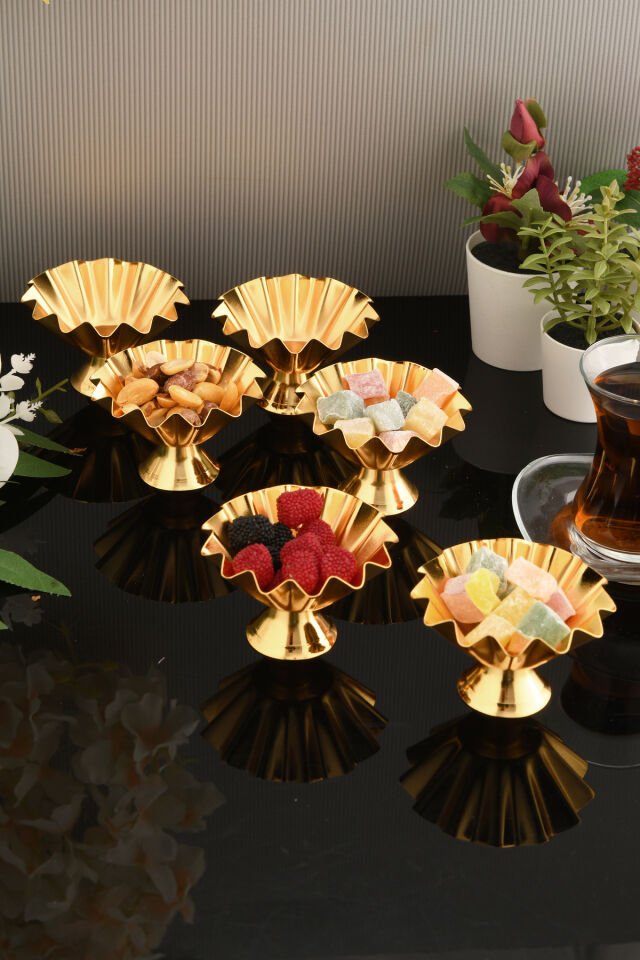 Anos 6 Parça Şekerlik Lokumluk Gold Ayaklı Sunum Tabağı Sofra Takımı İkram Misafir Servis