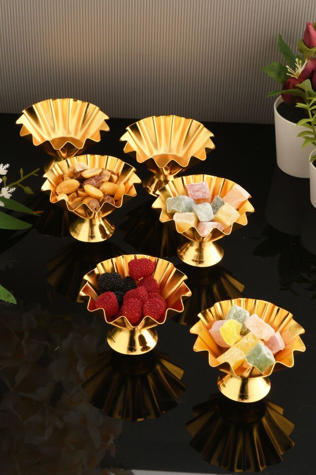 Anos 6 Parça Şekerlik Lokumluk Gold Ayaklı Sunum Tabağı Sofra Takımı İkram Misafir Servis