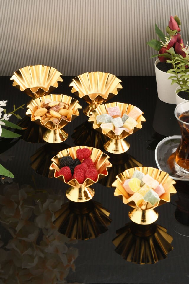 Anos 6 Parça Şekerlik Lokumluk Gold Ayaklı Sunum Tabağı Sofra Takımı İkram Misafir Servis