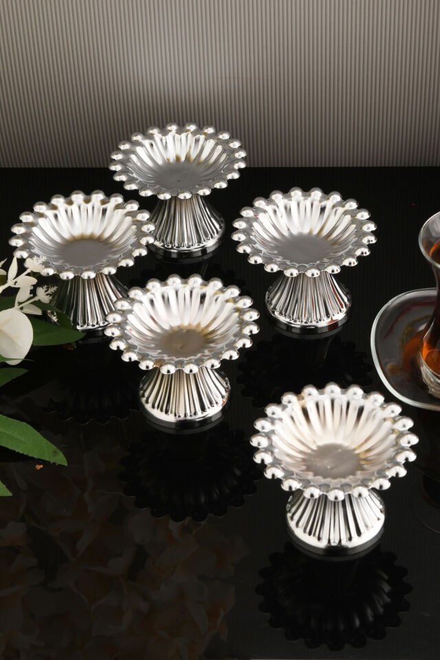 Moni 6 Parça Şekerlik Lokumluk Gümüş Ayaklı Yuvarlak Sunum Tabağı Sofra Takımı İkram Misafir Servis