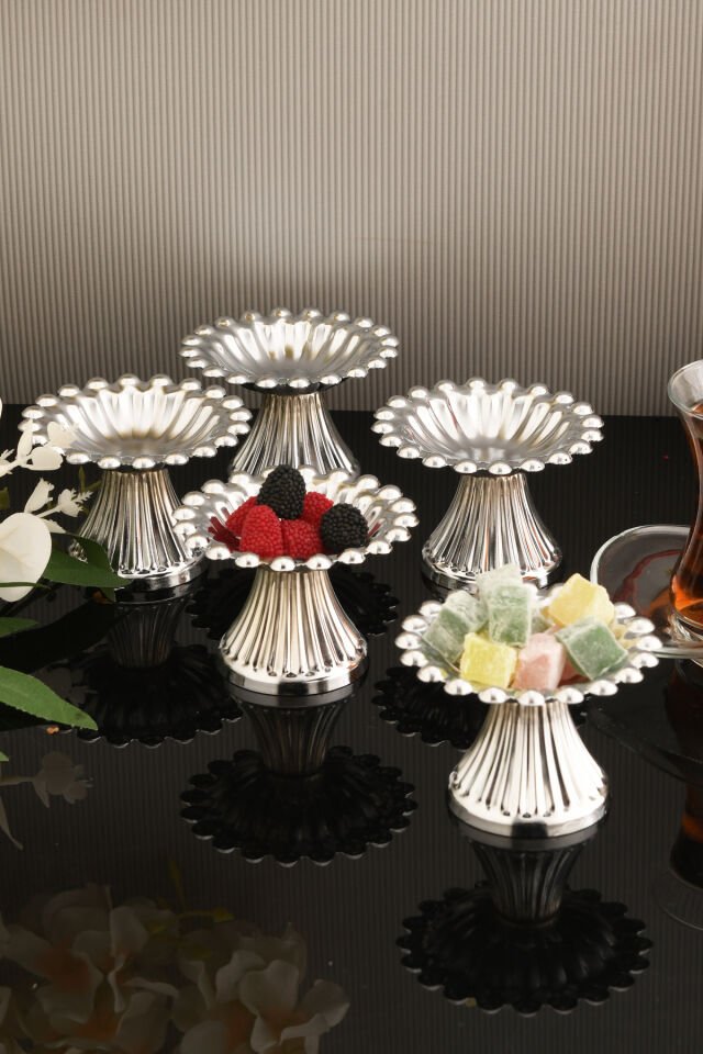 Moni 6 Parça Şekerlik Lokumluk Gümüş Ayaklı Yuvarlak Sunum Tabağı Sofra Takımı İkram Misafir Servis