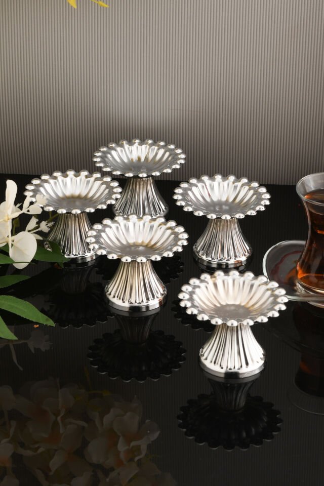 Moni 6 Parça Şekerlik Lokumluk Gümüş Ayaklı Yuvarlak Sunum Tabağı Sofra Takımı İkram Misafir Servis