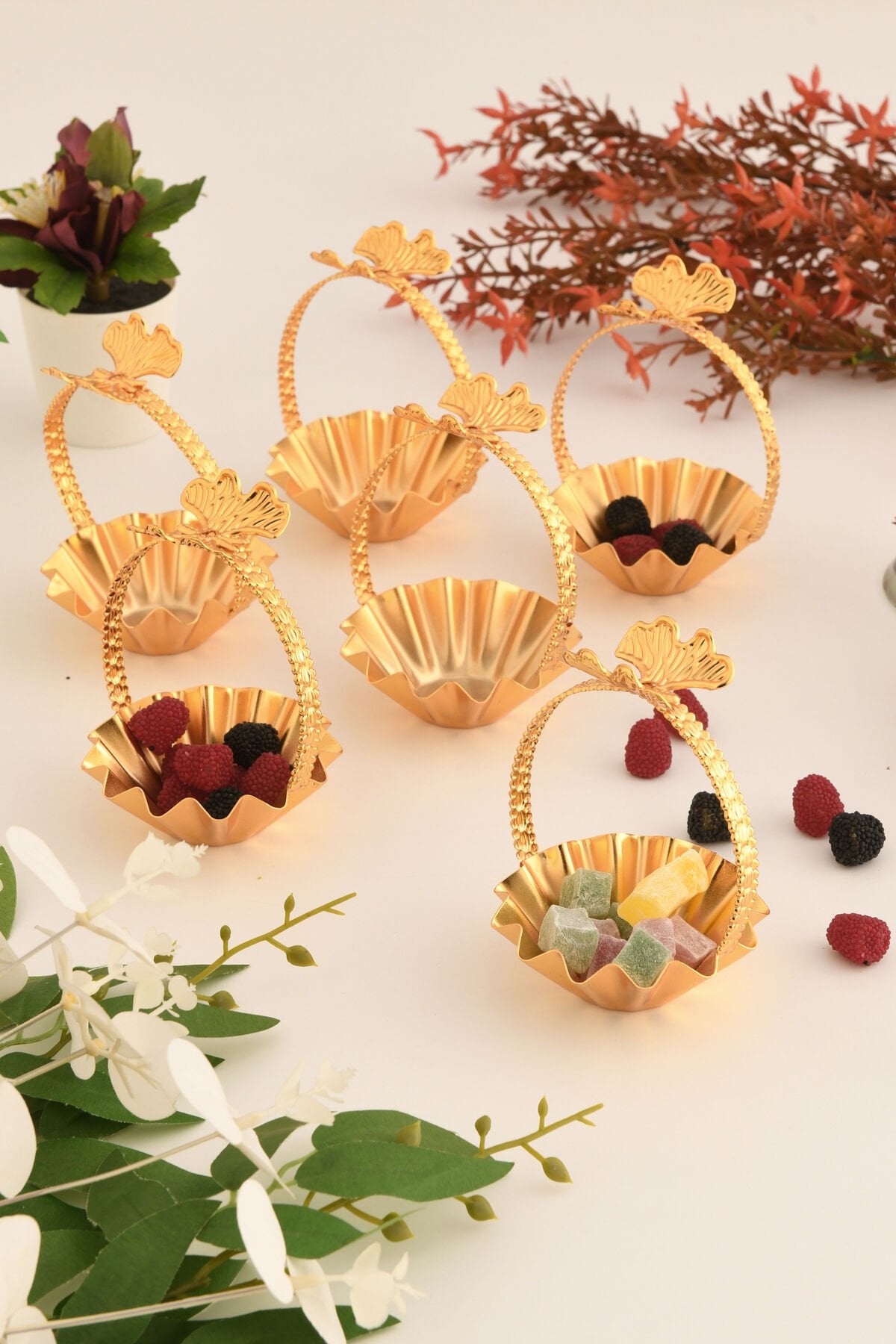Teris's-DK Gold 6'lı Set Şekerlik Lokumluk Çerezlik Sunumluk Dekoratif Kulplu Kase