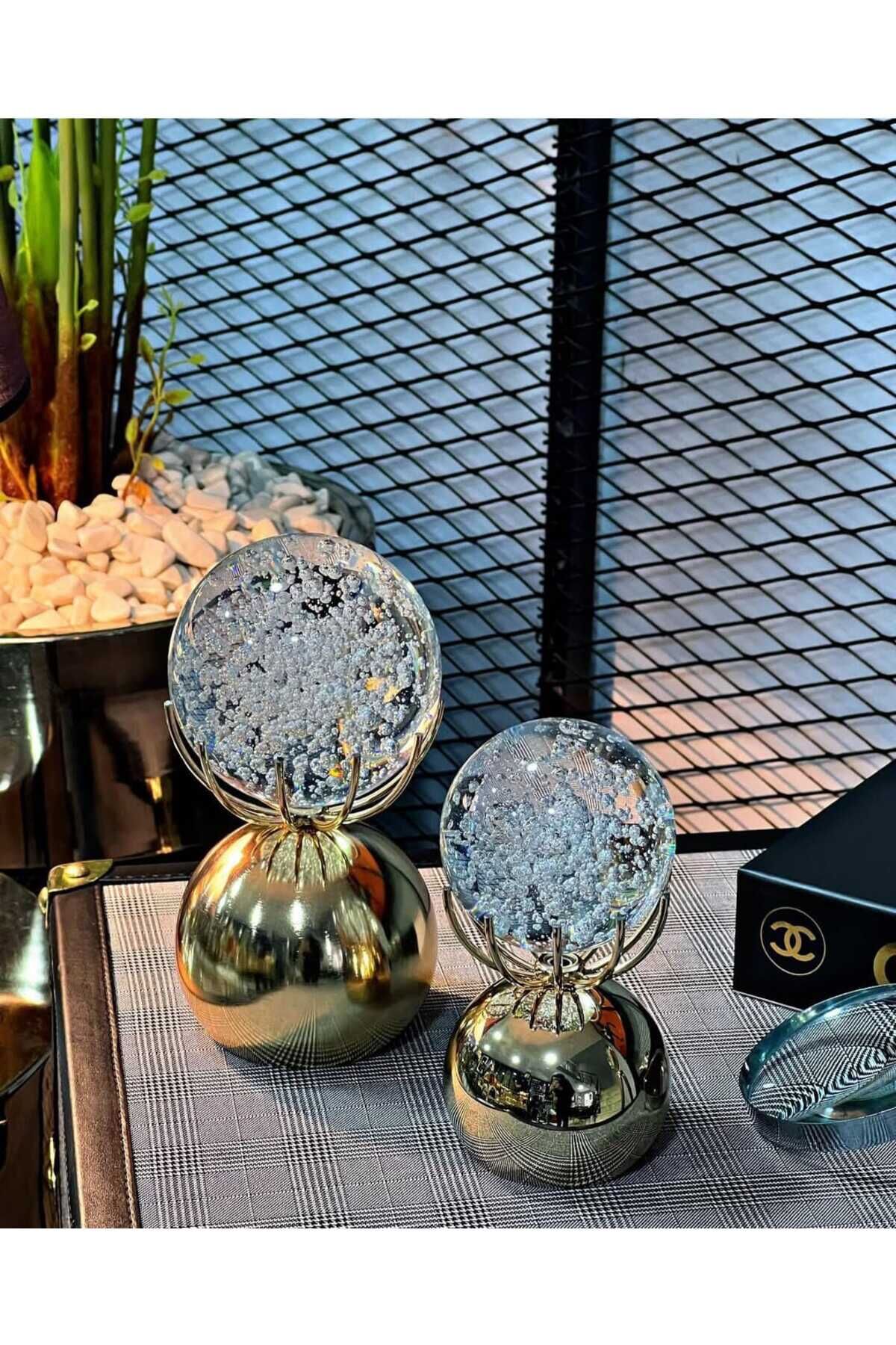 Nova Duo Ev Ve Ofis Dekorasyon Objesi Modern Baloncuklu Kristal Top Metal Ayaklı Aksesuar Sarı