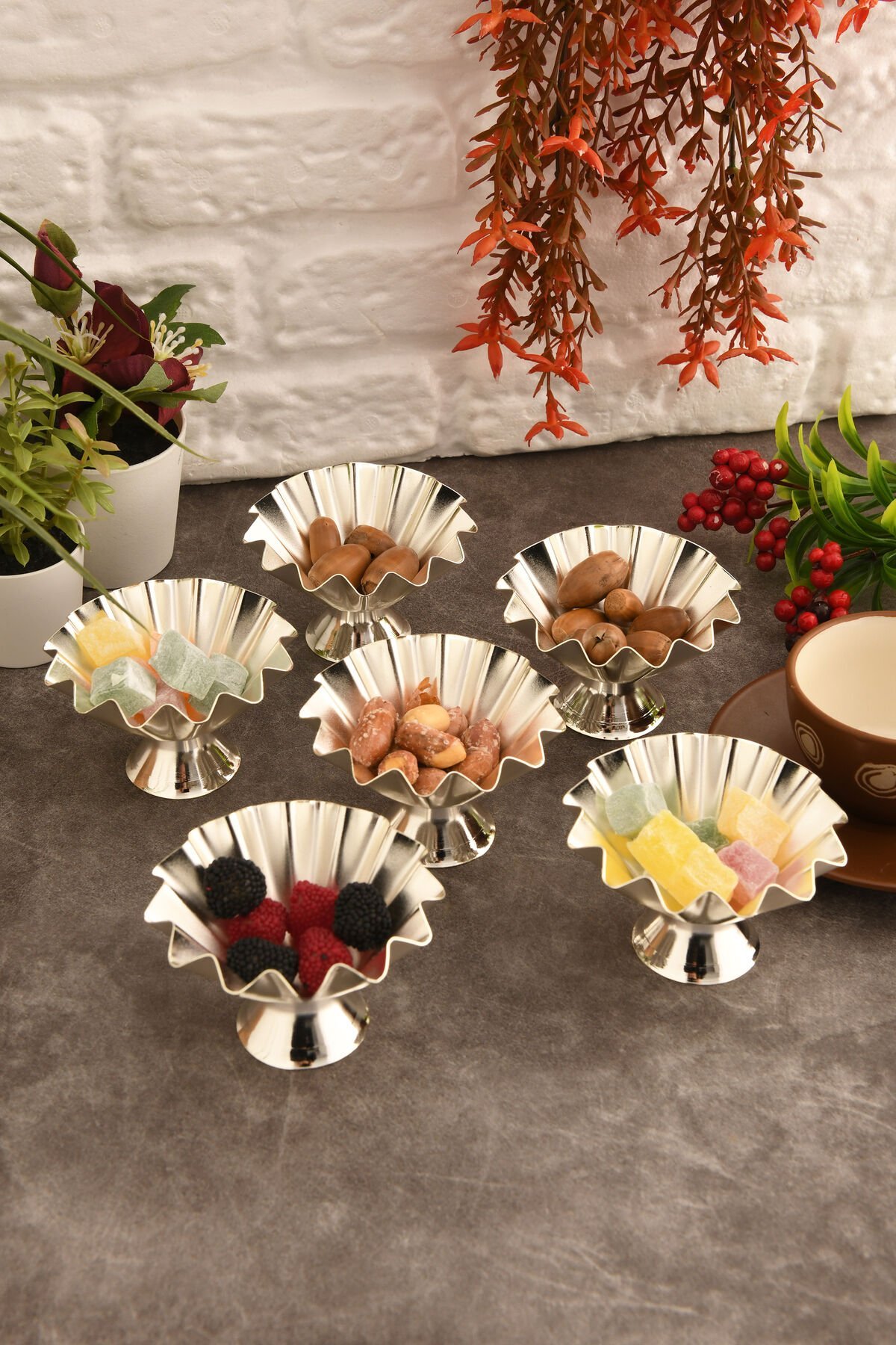 Anos 6 Parça Şekerlik Lokumluk Ayaklı Sunum Tabağı Sofra Takımı İkram Misafir Servis