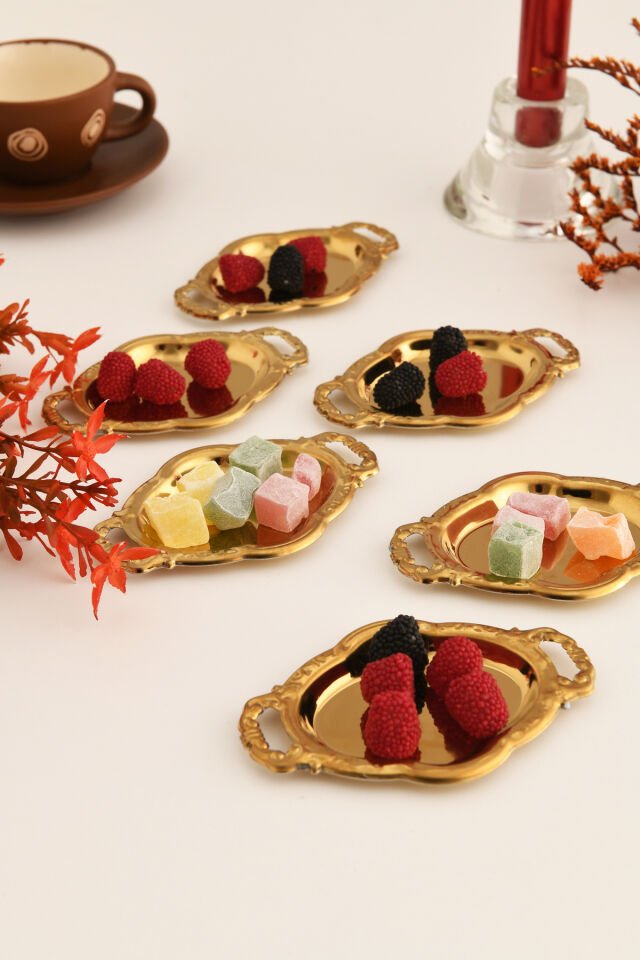 Cenz'S Gold 6'lı Set Şekerlik Lokumluk Çerezlik Kahve Yanı Sunumluk Dekoratif Mini Oval Kase