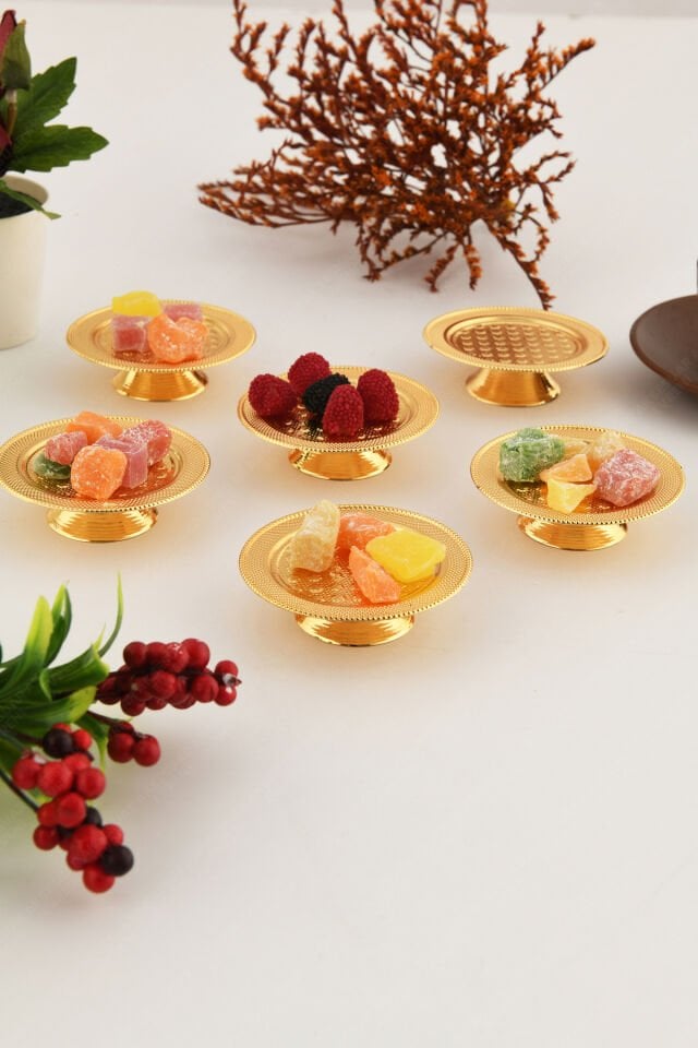 Pera Gold 6'lı Set Şekerlik Lokumluk Çerezlik Kahve Yanı Sunumluk Dekoratif Özel Tırtıklı