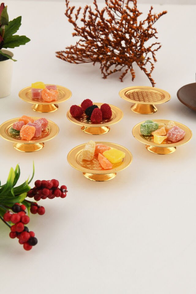 Pera Gold 6'lı Set Şekerlik Lokumluk Çerezlik Kahve Yanı Sunumluk Dekoratif Özel Tırtıklı