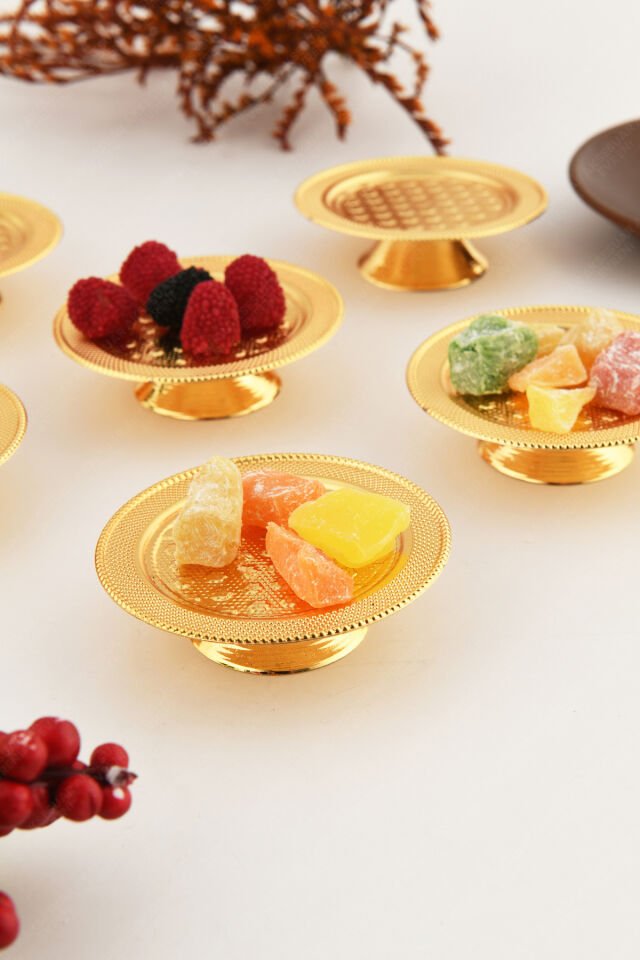 Pera Gold 6'lı Set Şekerlik Lokumluk Çerezlik Kahve Yanı Sunumluk Dekoratif Özel Tırtıklı