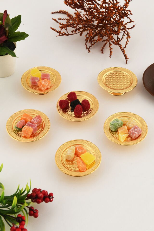 Pera Gold 6'lı Set Şekerlik Lokumluk Çerezlik Kahve Yanı Sunumluk Dekoratif Özel Tırtıklı