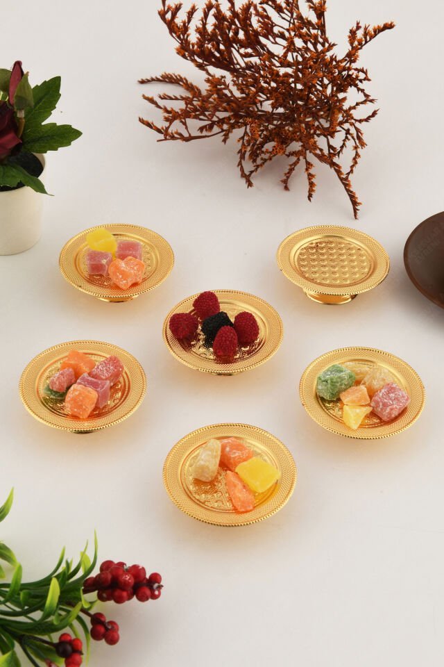 Pera Gold 6'lı Set Şekerlik Lokumluk Çerezlik Kahve Yanı Sunumluk Dekoratif Özel Tırtıklı