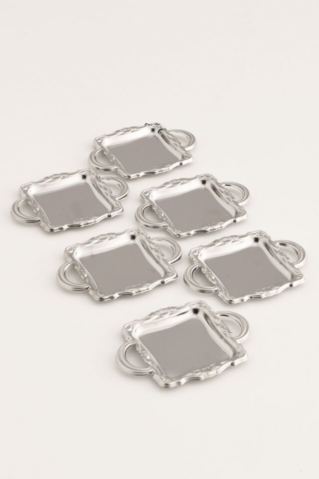 Tador'S Gümüş 6'lı Set Şekerlik Lokumluk Çerezlik Kahve Yanı Sunumluk Dekoratif Kulplu Kare Kase