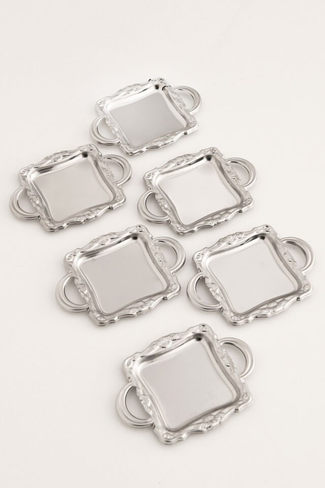 Tador'S Gümüş 6'lı Set Şekerlik Lokumluk Çerezlik Kahve Yanı Sunumluk Dekoratif Kulplu Kare Kase