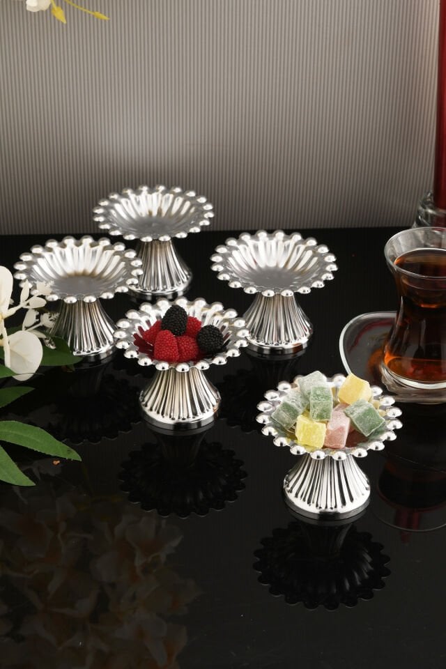 Lumoni Çizgi Ayaklı Boncuklu Lokumluk Gümüş 6 Lı Takım