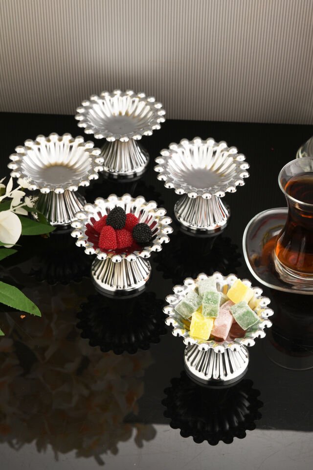 Lumoni Çizgi Ayaklı Boncuklu Lokumluk Gümüş 6 Lı Takım