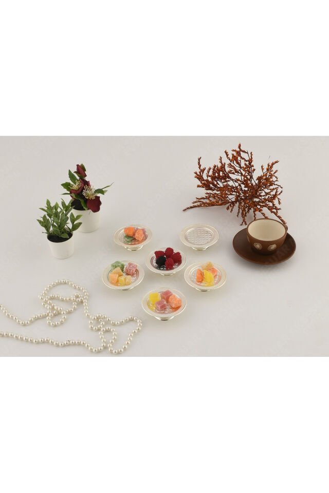 Pera Gümüş 6'lı Set Şekerlik Lokumluk Çerezlik Kahve Yanı Sunumluk Dekoratif Özel Tırtıklı