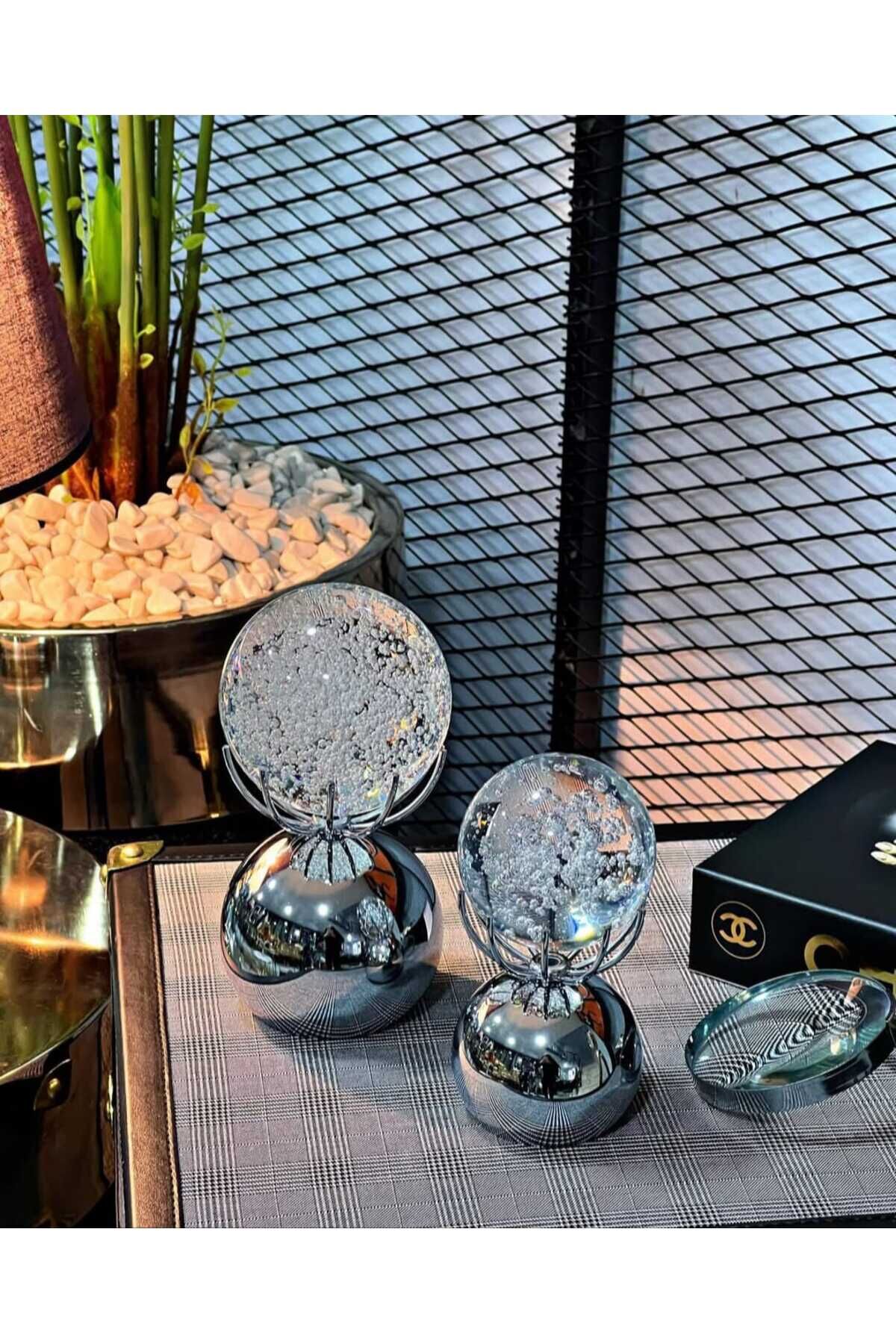 Nova Duo Ev Ve Ofis Dekorasyon Objesi Modern Baloncuklu Kristal Top Metal Ayaklı Aksesuar Gümüş