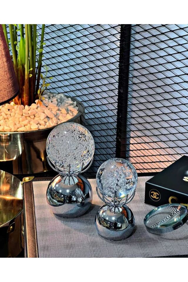 Nova Duo Ev Ve Ofis Dekorasyon Objesi Modern Baloncuklu Kristal Top Metal Ayaklı Aksesuar Gümüş