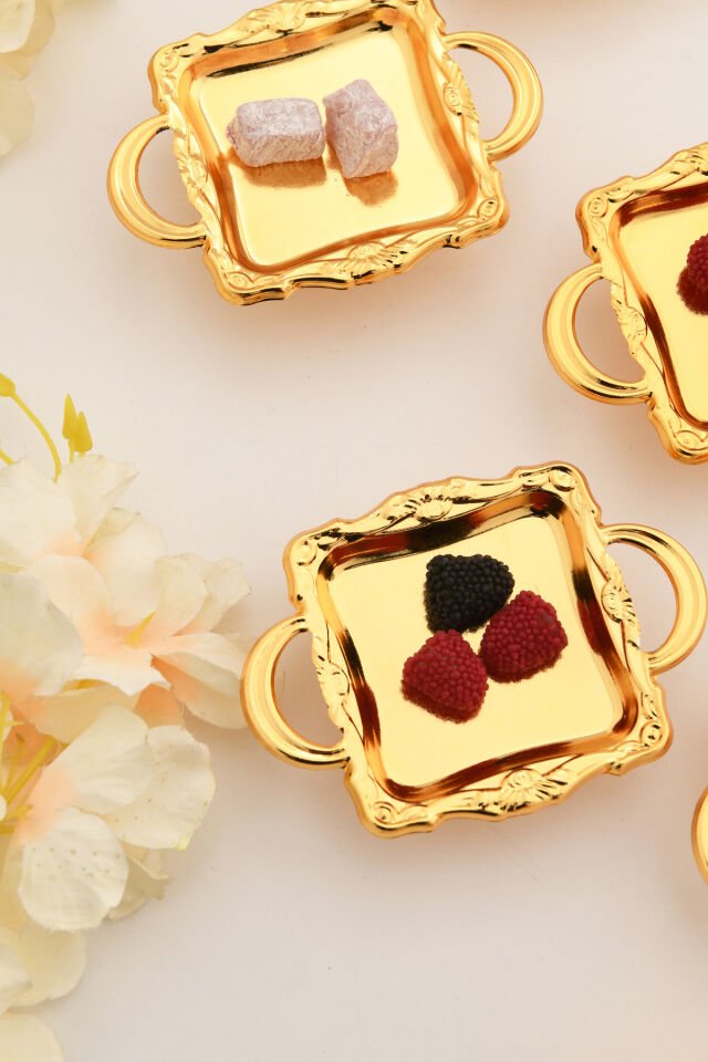 Alloli 6 Parça Şekerlik Lokumluk Gold Ayaklı Kare Sunum Tabağı Sofra Takımı İkram Misafir Servis
