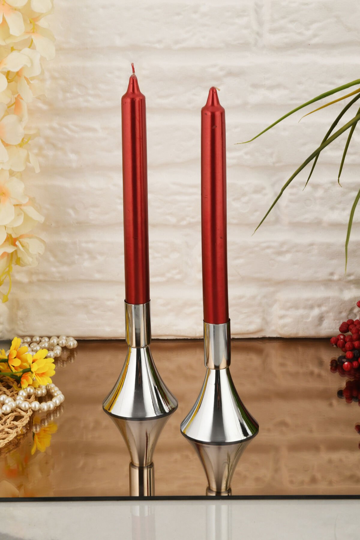 Felix Gümüş Mumluk Dekoratif Şamdan Düz Taban Paslanmaz Kaplama Modern 6x10 Mum Tutacağı