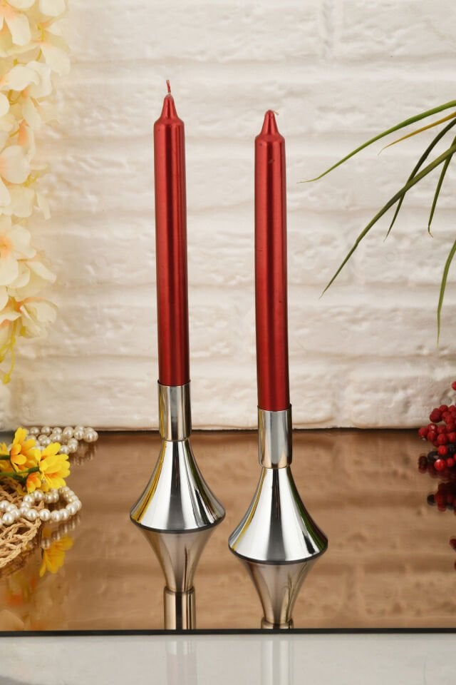 Felix Gümüş Mumluk Dekoratif Şamdan Düz Taban Paslanmaz Kaplama Modern 6x10 Mum Tutacağı