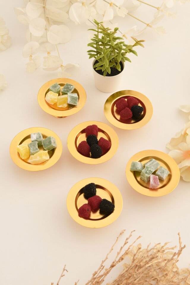 Muli'S Gold 6'lı Set Şekerlik Lokumluk Çerezlik Kahve Yanı Sunumluk Dekoratif Yuvarlak Kase