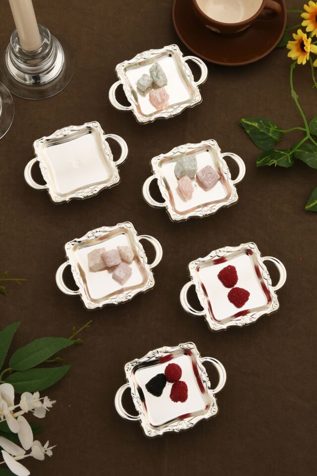 Alloli 6 Parça Şekerlik Lokumluk Gümüş Ayaklı Kare Sunum Tabağı Sofra Takımı İkram Misafir Servis