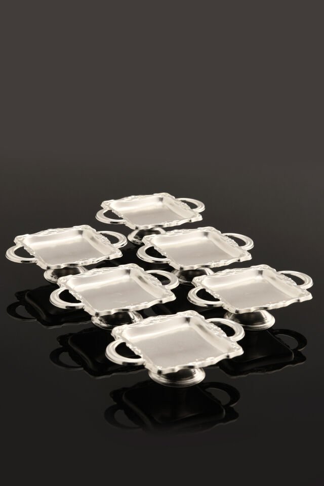 Alloli 6 Parça Şekerlik Lokumluk Gümüş Ayaklı Kare Sunum Tabağı Sofra Takımı İkram Misafir Servis