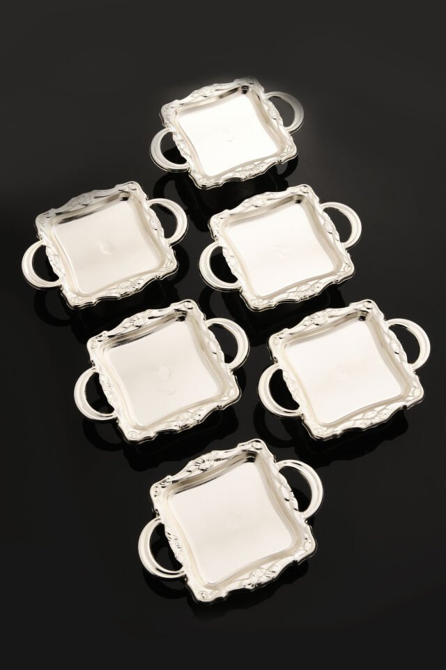 Alloli 6 Parça Şekerlik Lokumluk Gümüş Ayaklı Kare Sunum Tabağı Sofra Takımı İkram Misafir Servis