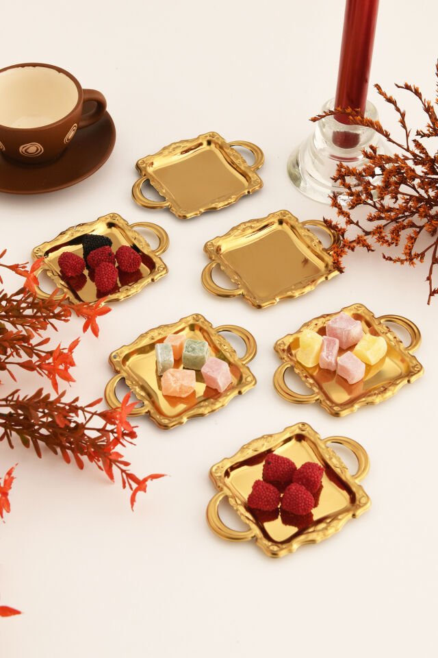Tador'S Gold 6'lı Set Şekerlik Lokumluk Çerezlik Kahve Yanı Sunumluk Dekoratif Kulplu Kare Kase