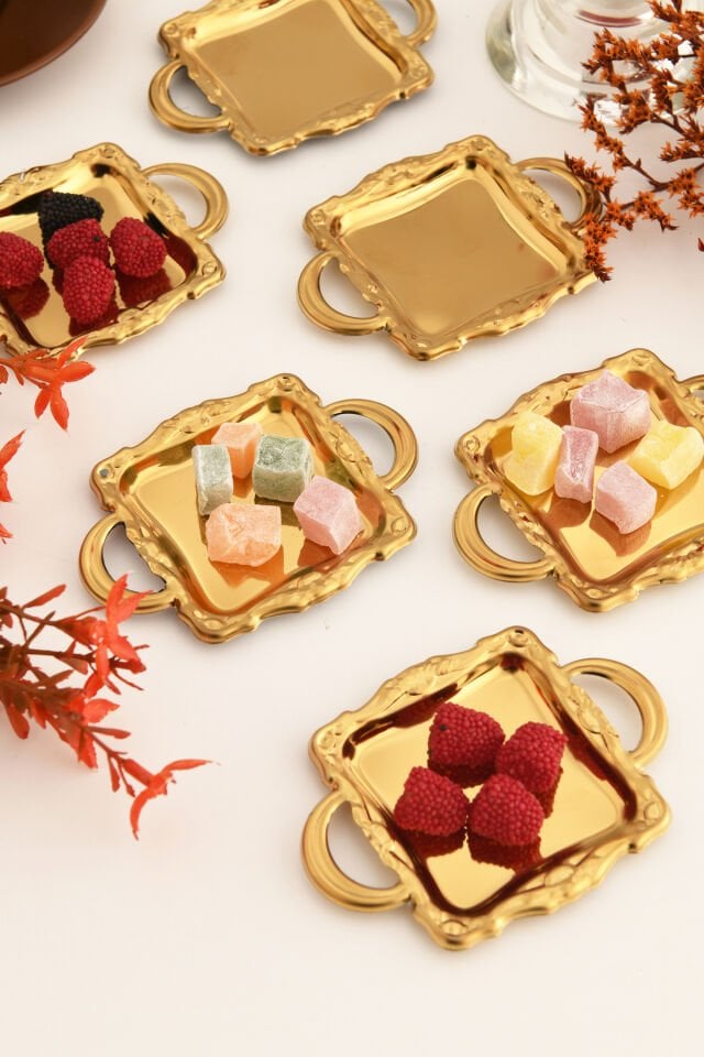 Tador'S Gold 6'lı Set Şekerlik Lokumluk Çerezlik Kahve Yanı Sunumluk Dekoratif Kulplu Kare Kase