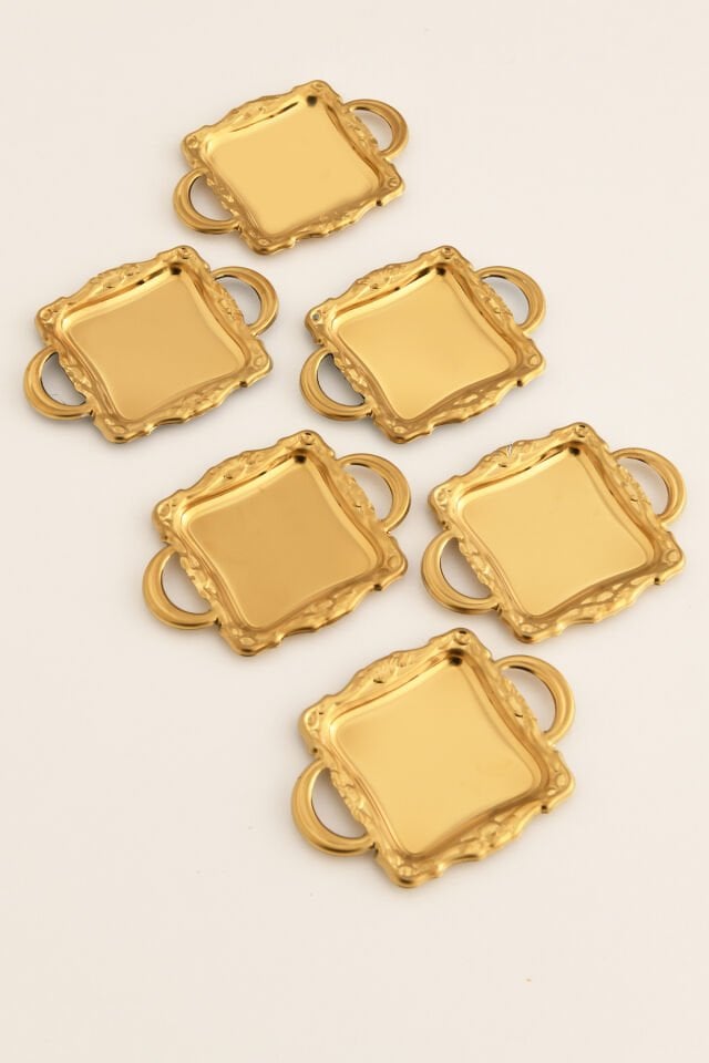 Tador'S Gold 6'lı Set Şekerlik Lokumluk Çerezlik Kahve Yanı Sunumluk Dekoratif Kulplu Kare Kase