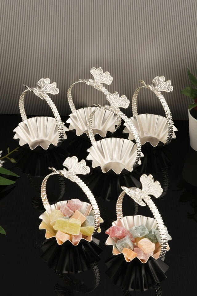 Teris'S Gümüş 6'lı Set Şekerlik Lokumluk Çerezlik Kahve Yanı Sunumluk Dekoratif Kulplu Kase