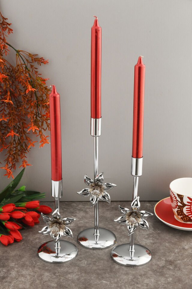Flower Gümüş Mumluk Dekoratif Şamdan Paslanmaz Kaplama Metal Modern ve Klasik Mum Tutacağı