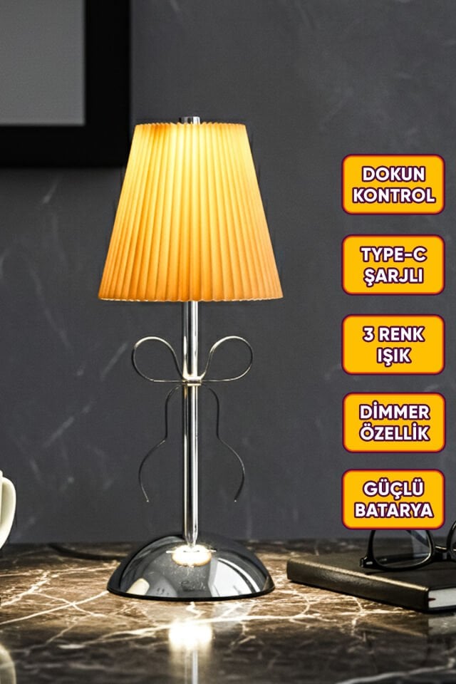 Kumaş Şapkalı Şarjlı Dokunmatik Masa Lambası Abajur Gece Lambası 3 Işık Rengi Dim Özellikli Kardel