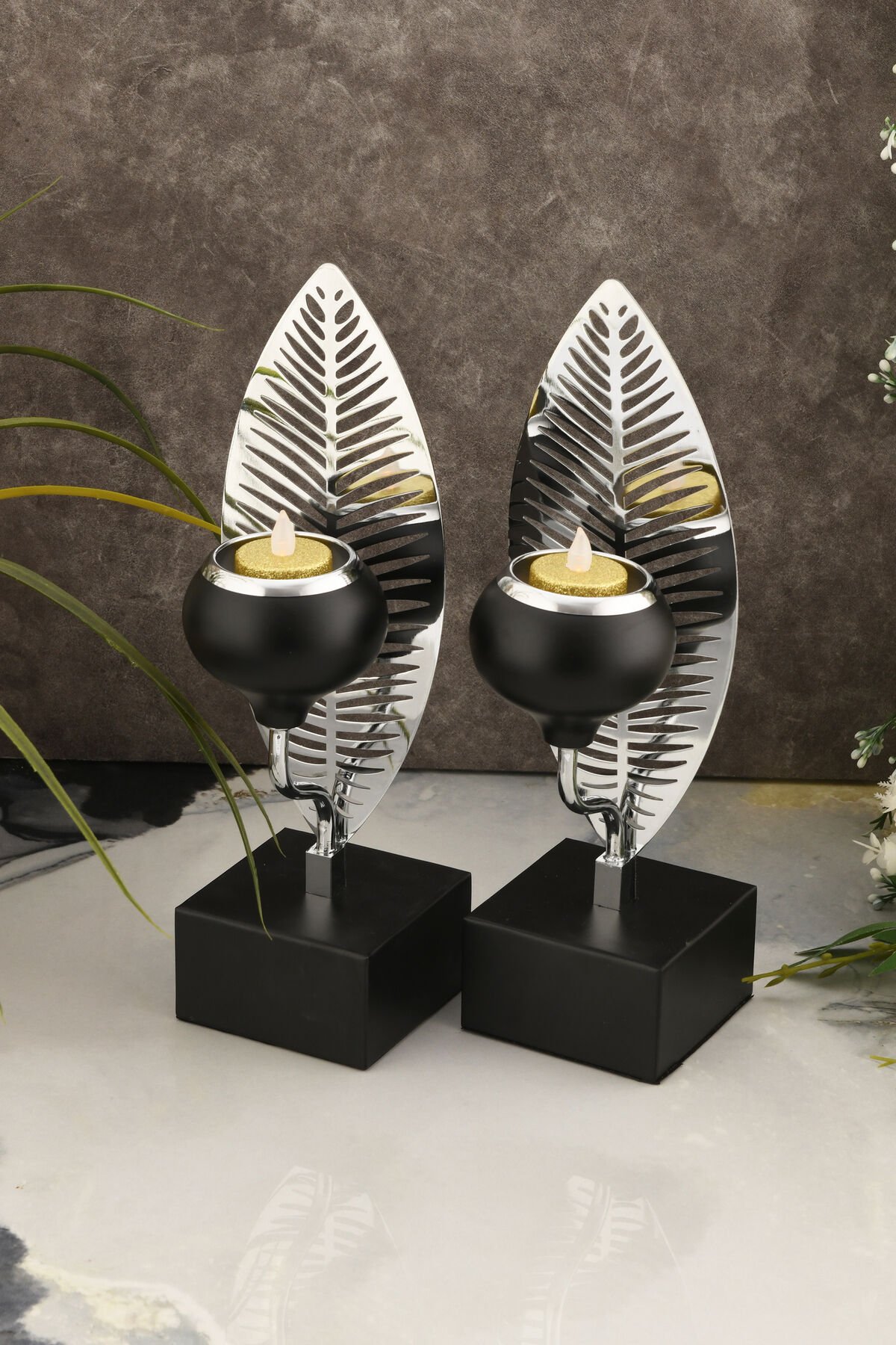 Bianco Dekoratif Yaprak Detaylı 2'li Şamdan