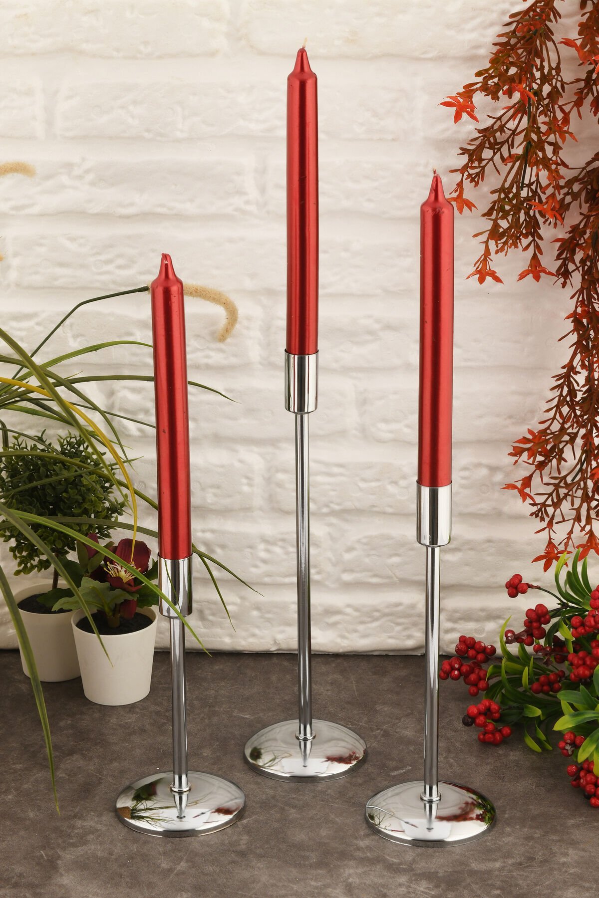 Gianno Dekoratif Düz Tij Mumluk 3 Lü Takım Gümüş