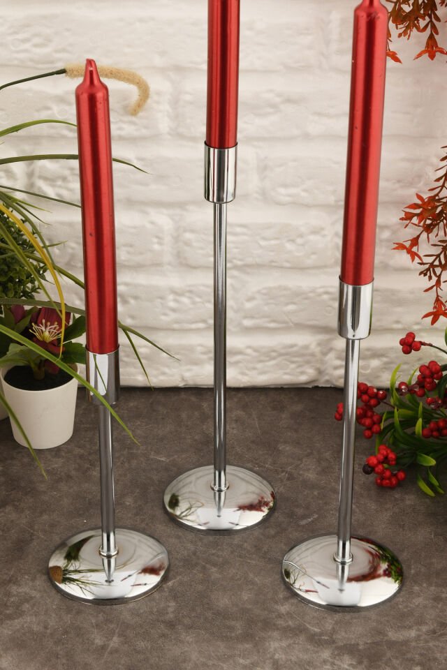 Gianno Dekoratif Düz Tij Mumluk 3 Lü Takım Gümüş