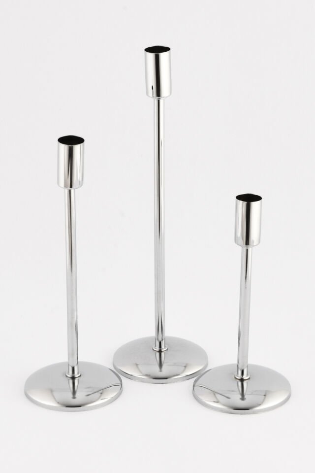 Gianno Dekoratif Düz Tij Mumluk 3 Lü Takım Gümüş