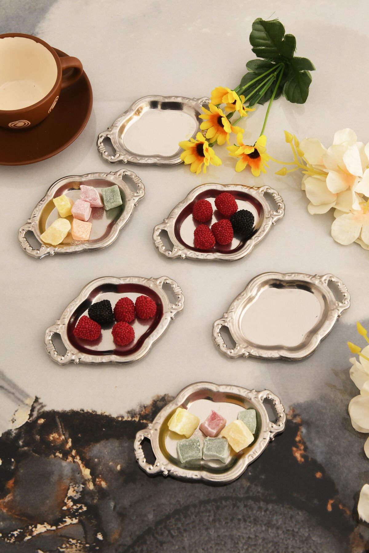 Cenz'S Gümüş 6'lı Set Şekerlik Lokumluk Çerezlik Kahve Yanı Sunumluk Dekoratif Mini Oval Kase