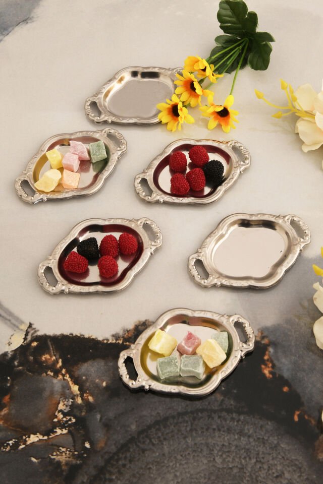 Cenz'S Gümüş 6'lı Set Şekerlik Lokumluk Çerezlik Kahve Yanı Sunumluk Dekoratif Mini Oval Kase